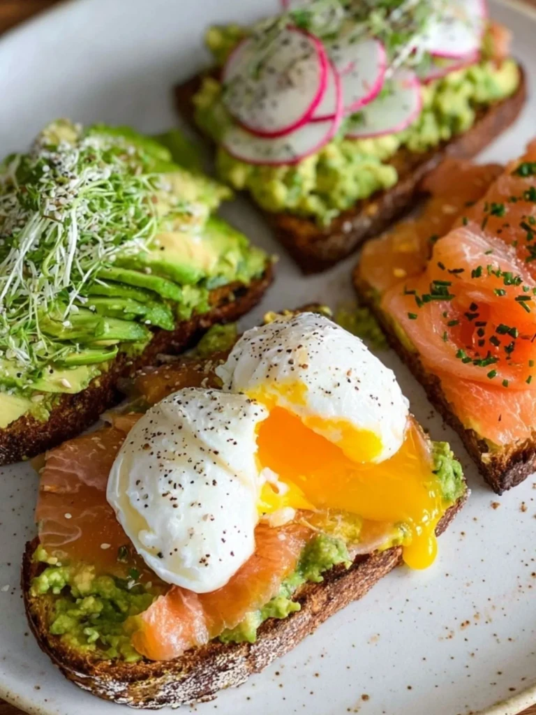 Avocado Toast Variations (Radish, Smoked Salmon, Poached Egg)