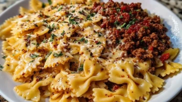 Cheesy Bowtie Pasta with Savory Cajun Ground Beef in Garlic Cream