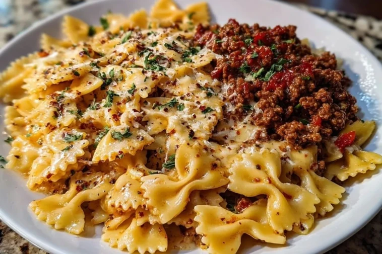 Cheesy Bowtie Pasta with Savory Cajun Ground Beef in Garlic Cream