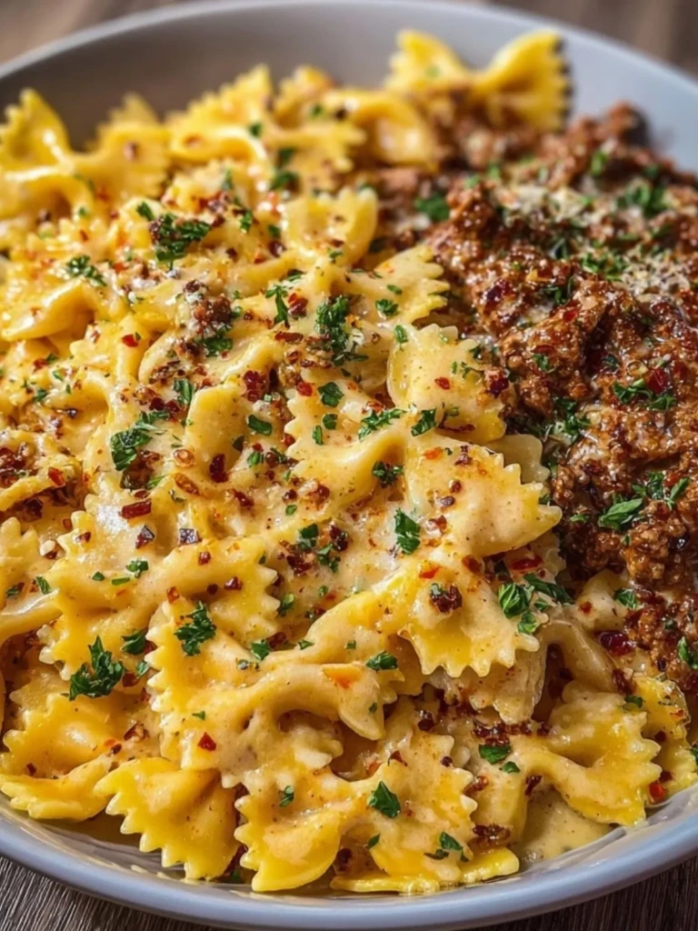 Cheesy Bowtie Pasta with Savory Cajun Ground Beef in Garlic Cream