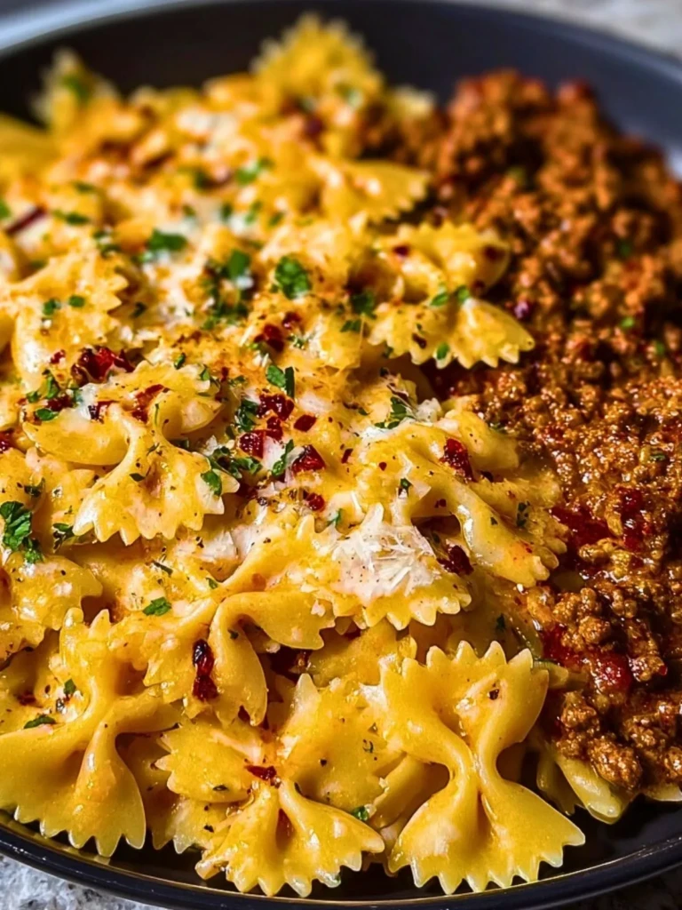 Cheesy Bowtie Pasta with Savory Cajun Ground Beef in Garlic Cream