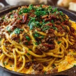 Creamy Cajun Beef Spaghetti with Three-Cheese Parmesan Sauce