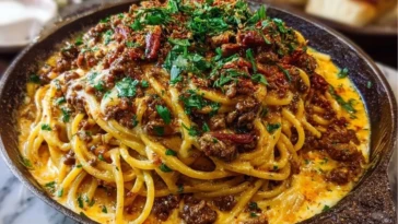 Creamy Cajun Beef Spaghetti with Three-Cheese Parmesan Sauce