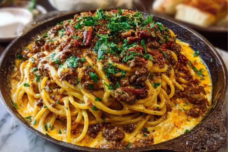 Creamy Cajun Beef Spaghetti with Three-Cheese Parmesan Sauce