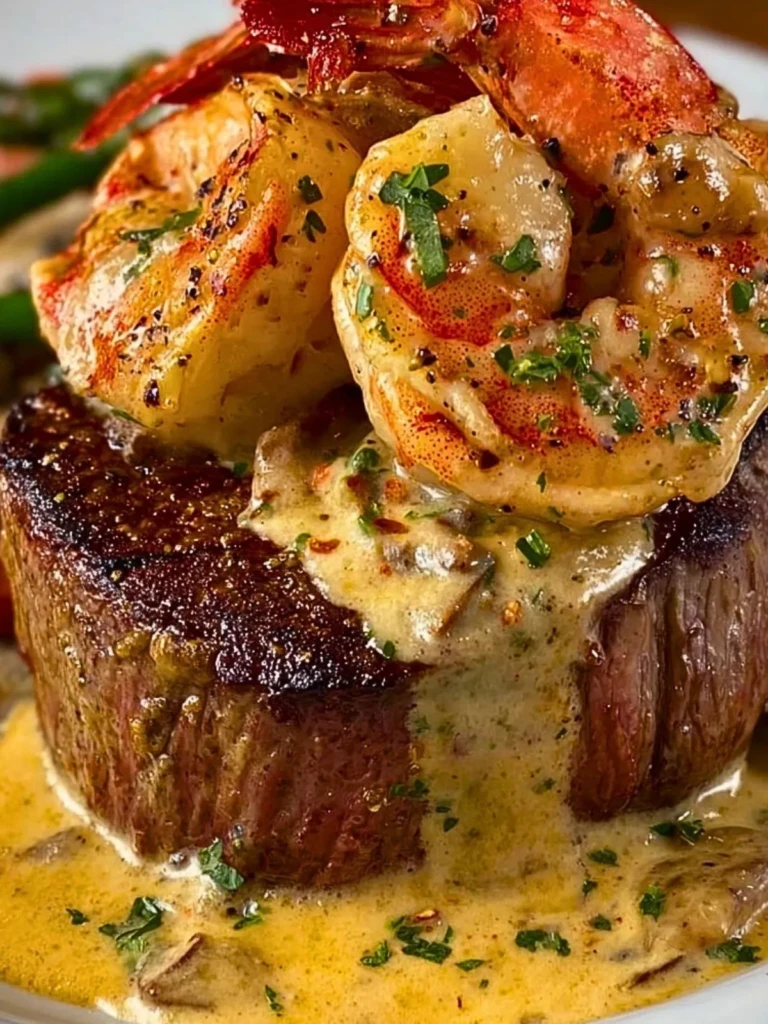 Filet Mignon with Shrimp and Lobster Cream Sauce