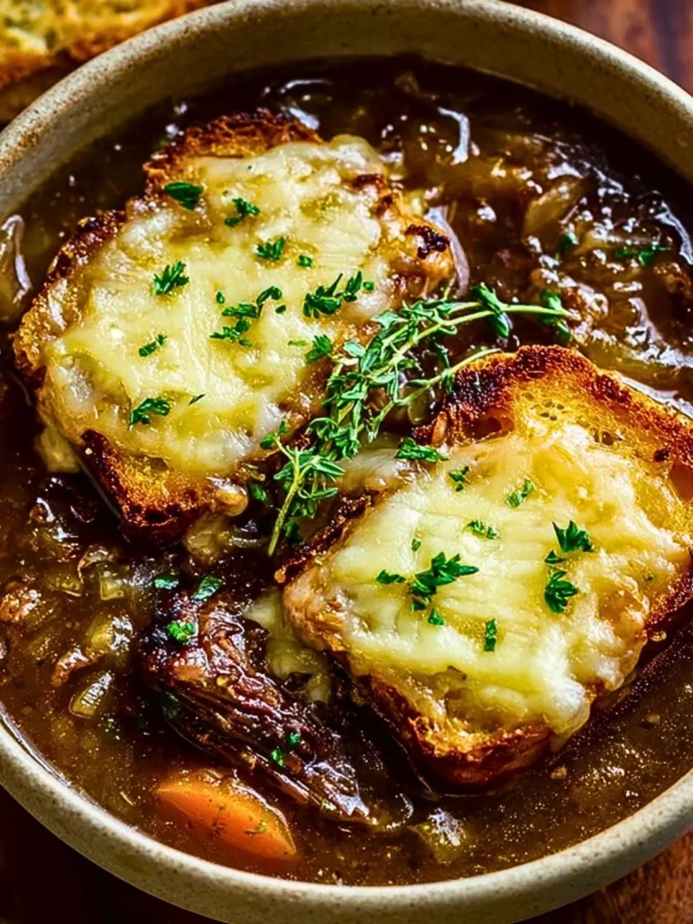 French Onion Short Rib Soup with Cheesy Gruyère Toast (No Wine)