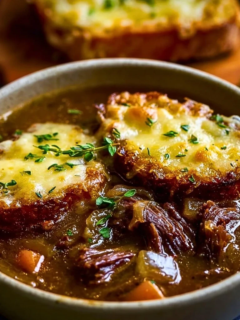 French Onion Short Rib Soup with Cheesy Gruyère Toast (No Wine)