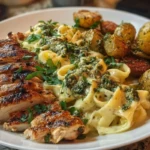 Greek Chicken Alfredo & Garlic Potatoes with Spicy Hot Honey Tahini Pesto