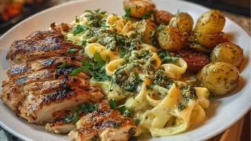 Greek Chicken Alfredo & Garlic Potatoes with Spicy Hot Honey Tahini Pesto