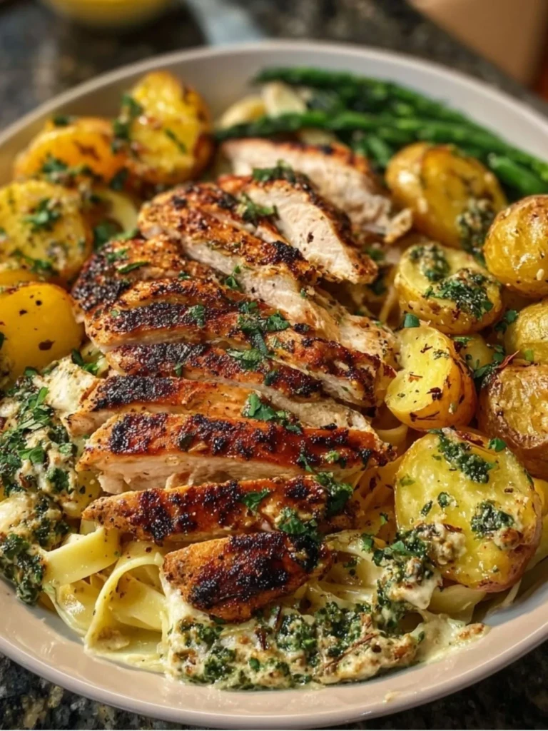 Greek Chicken Alfredo & Garlic Potatoes with Spicy Hot Honey Tahini Pesto