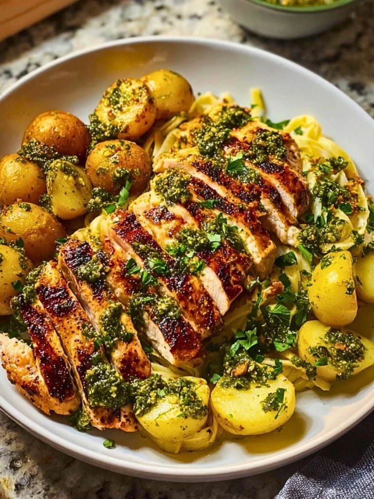 Greek Chicken Alfredo & Garlic Potatoes with Spicy Hot Honey Tahini Pesto