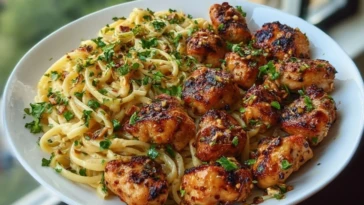 Maple Garlic Chicken Bites with Spicy Cajun Alfredo