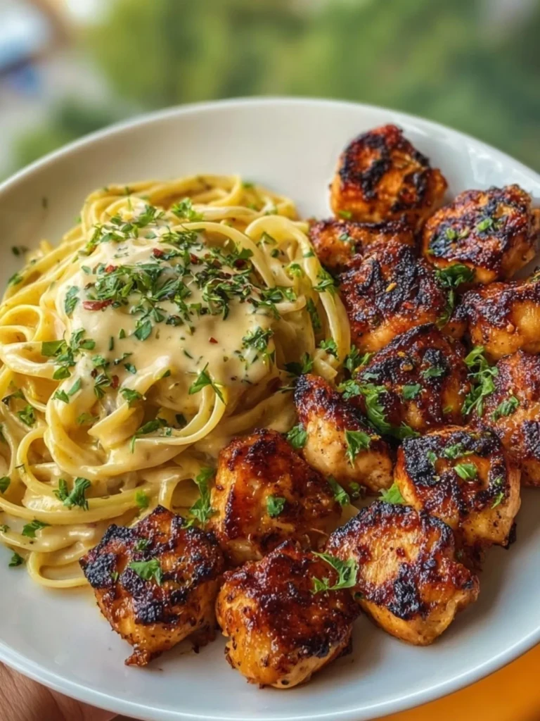 Maple Garlic Chicken Bites with Spicy Cajun Alfredo