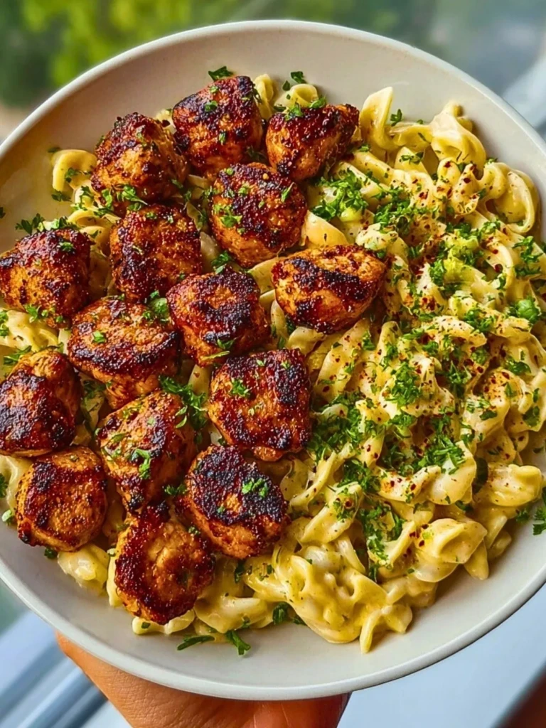 Maple Garlic Chicken Bites with Spicy Cajun Alfredo
