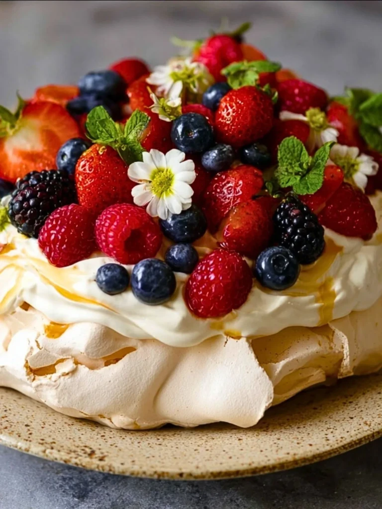 Pavlova with Whipped Cream & Fresh Berries