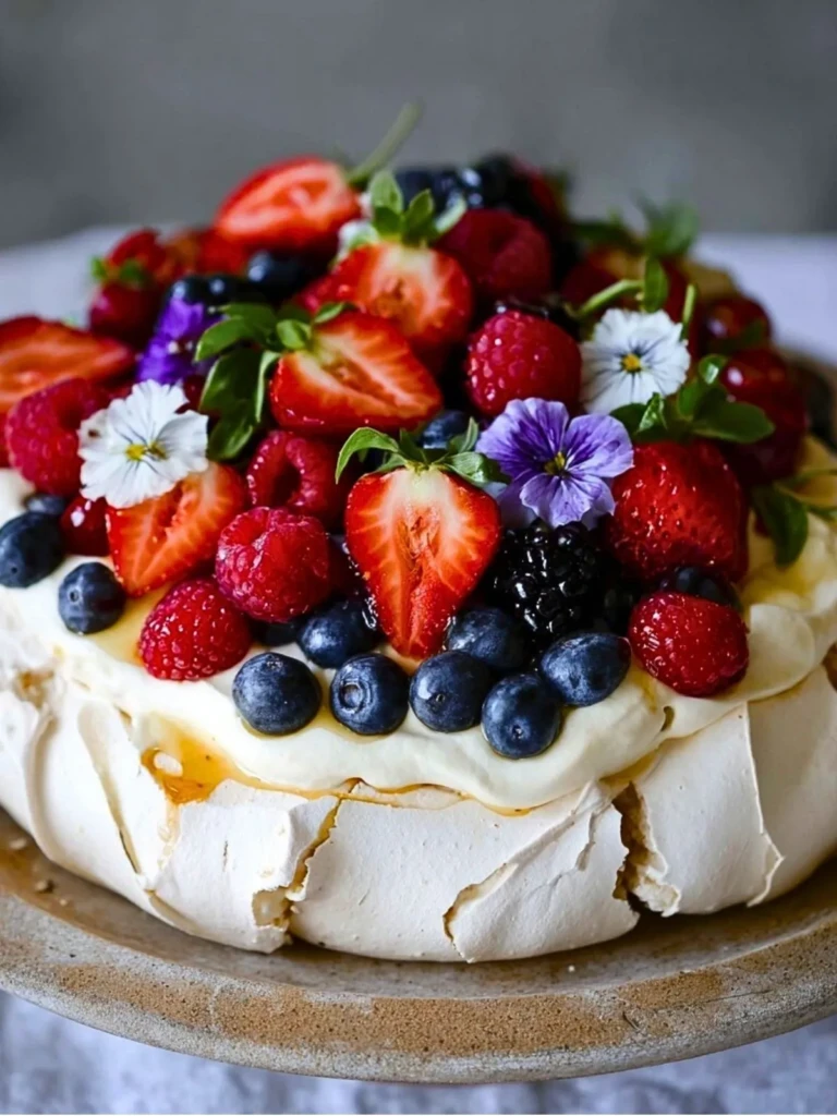 Pavlova with Whipped Cream & Fresh Berries