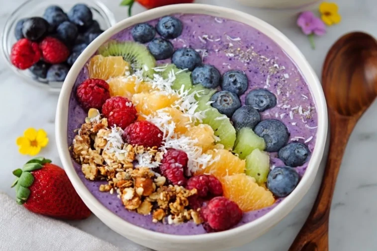 Rainbow Smoothie Bowls topped with fresh fruit & granola - 1