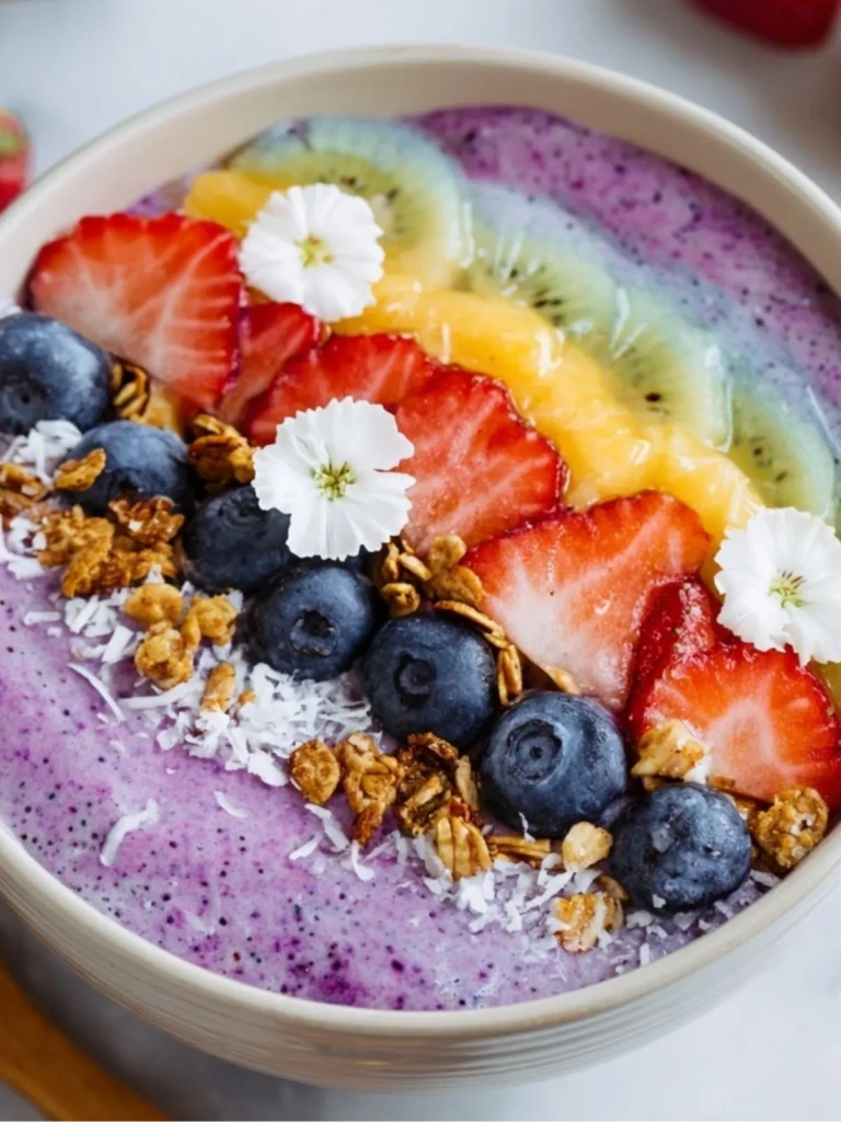 Rainbow Smoothie Bowls topped with fresh fruit & granola - 2