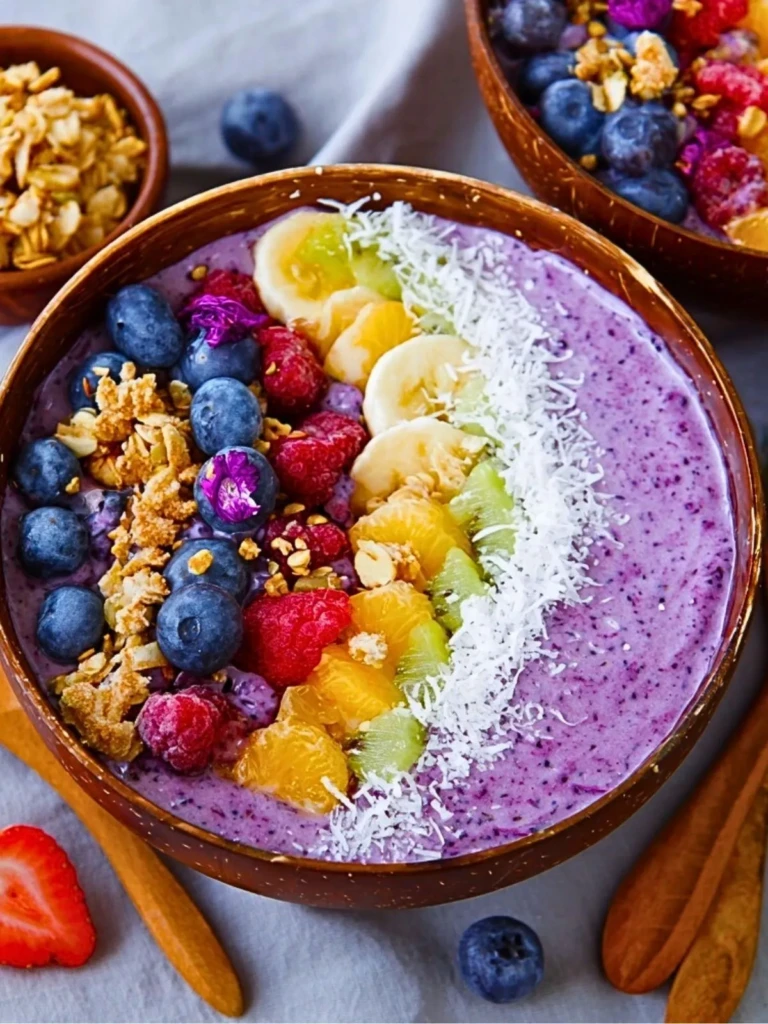 Rainbow Smoothie Bowls topped with fresh fruit & granola - 3