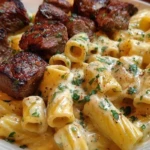 Rigatoni in Garlic Butter Parmesan Cream Sauce with Cajun Steak Tips