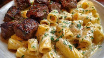 Rigatoni in Garlic Butter Parmesan Cream Sauce with Cajun Steak Tips
