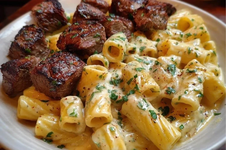 Rigatoni in Garlic Butter Parmesan Cream Sauce with Cajun Steak Tips