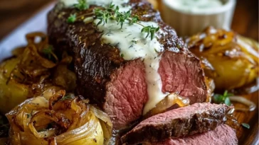 Roasted Beef Tenderloin with French Onions and Horseradish Sauce