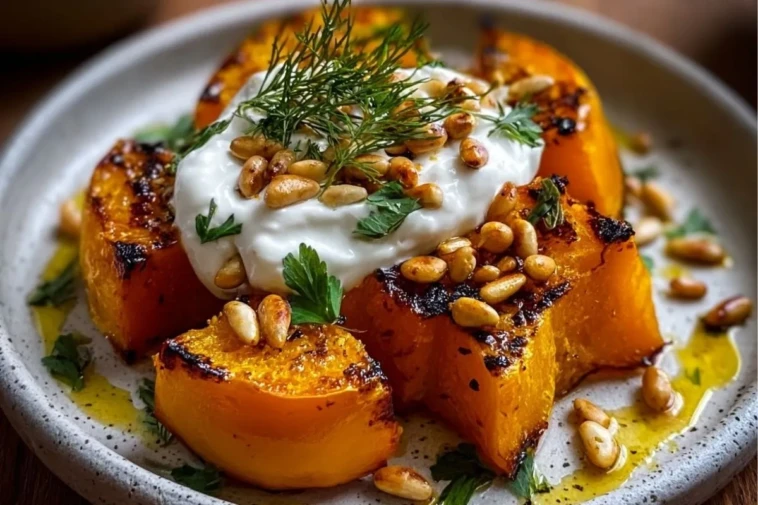 Savory Roasted Pumpkin with Creamy Lemon Yogurt and Crunchy Pine Nuts