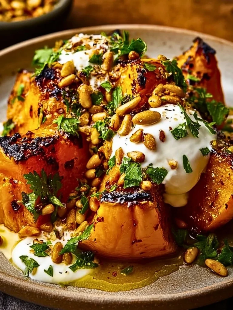 Savory Roasted Pumpkin with Creamy Lemon Yogurt and Crunchy Pine Nuts