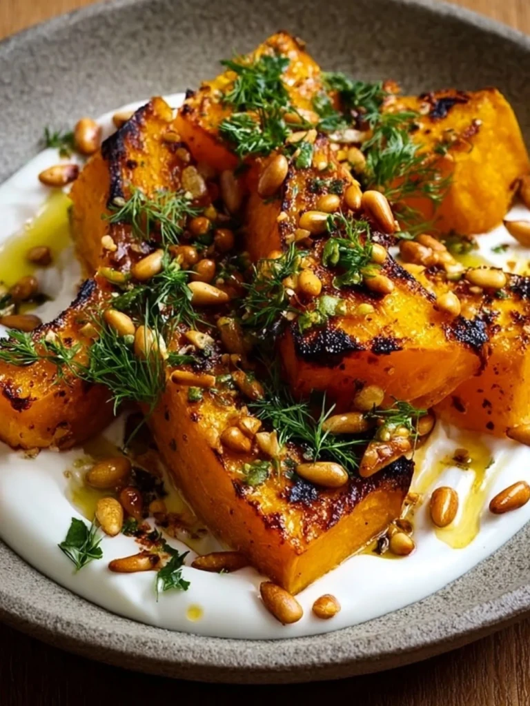 Savory Roasted Pumpkin with Creamy Lemon Yogurt and Crunchy Pine Nuts
