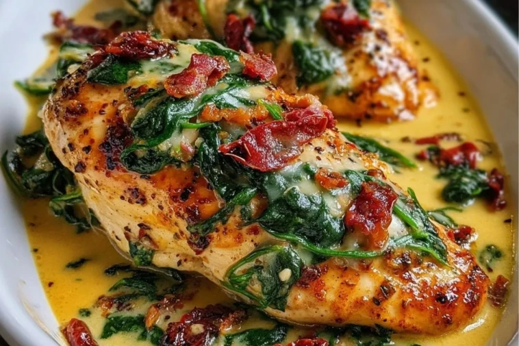 Smothered Baked Chicken with Creamed Spinach and Sun-Dried Tomatoes