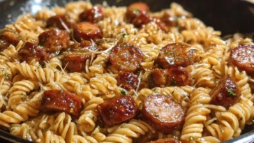 Sticky Honey Mustard Sausage Pasta Skillet