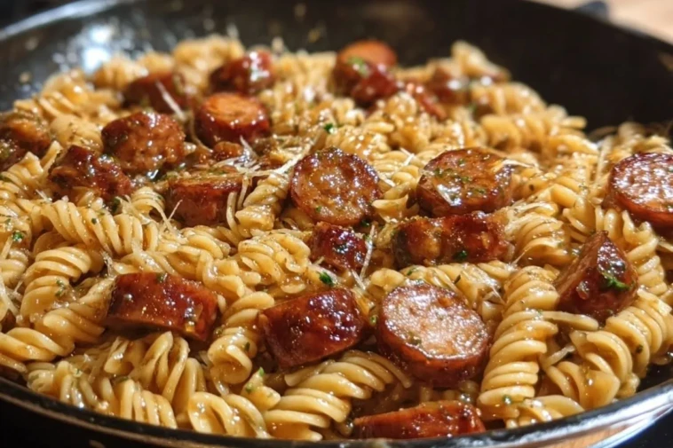 Sticky Honey Mustard Sausage Pasta Skillet