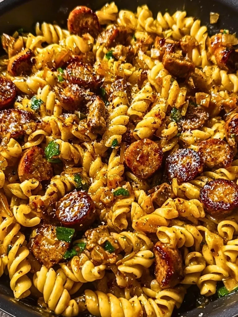 Sticky Honey Mustard Sausage Pasta Skillet