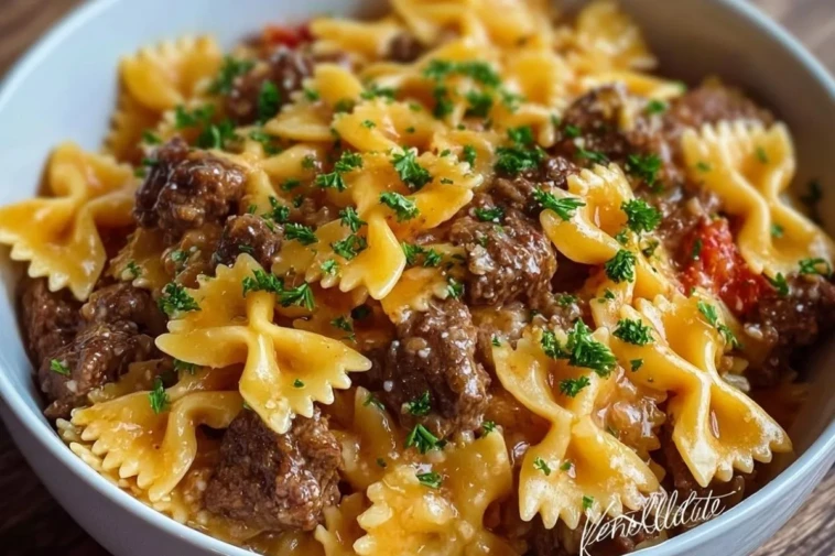 Garlic Butter Beef & Cheesy Bowtie Pasta