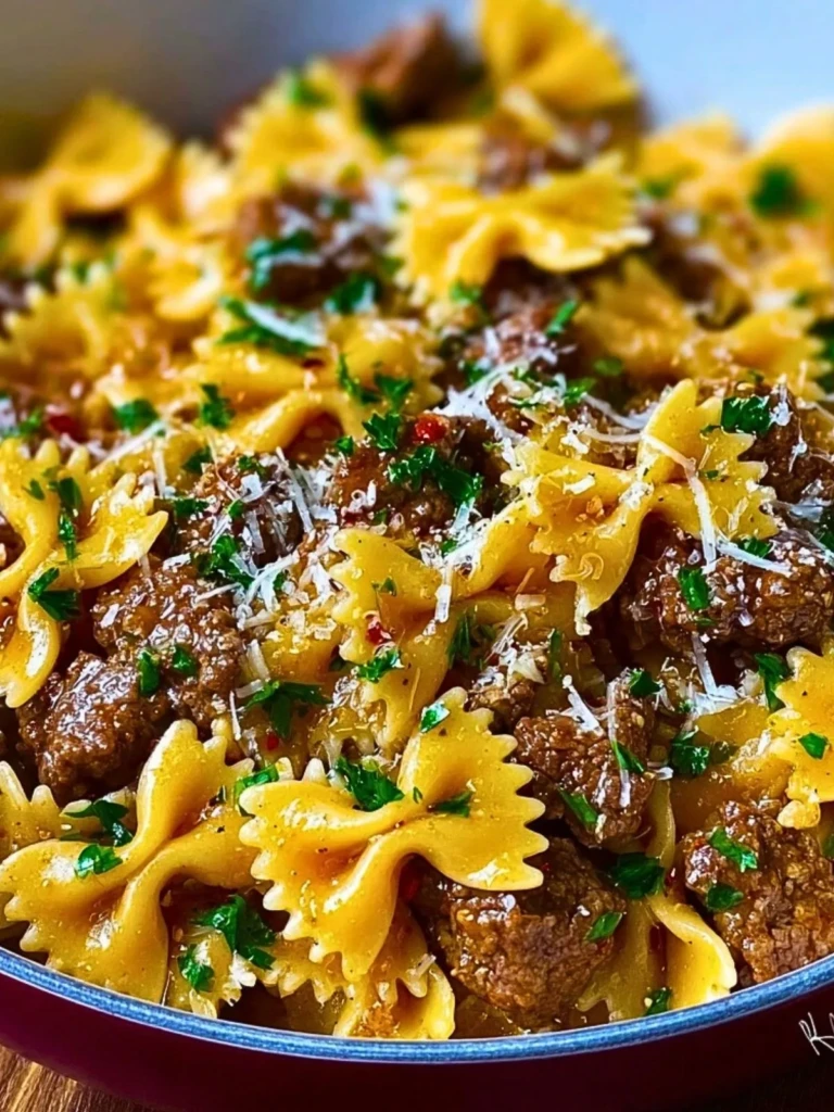 Garlic Butter Beef & Cheesy Bowtie Pasta