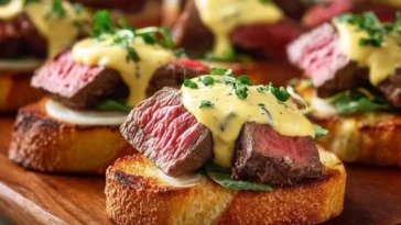 Grilled Beef Tenderloin Crostini with Béarnaise Sauce